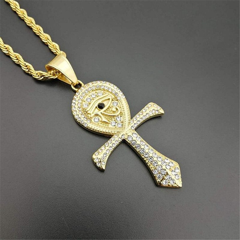 Egyptian Ankh Cross Pendant Necklace For Women/Men Gold Color Stainless Steel Eye of Horus Necklace Iced Out Bling Egypt Jewelry